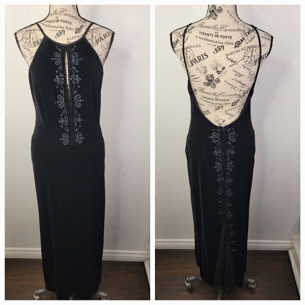 DAVE & JOHNNY By Laura Ryner Vintage Beaded Sheer Witchy Mesh Black Gown Dress